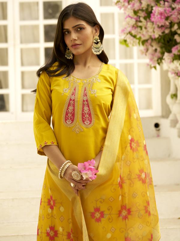 VP 9720 Y Beads Embroidered Yellow Women Kurta Sets With Dupatta Straight Suits